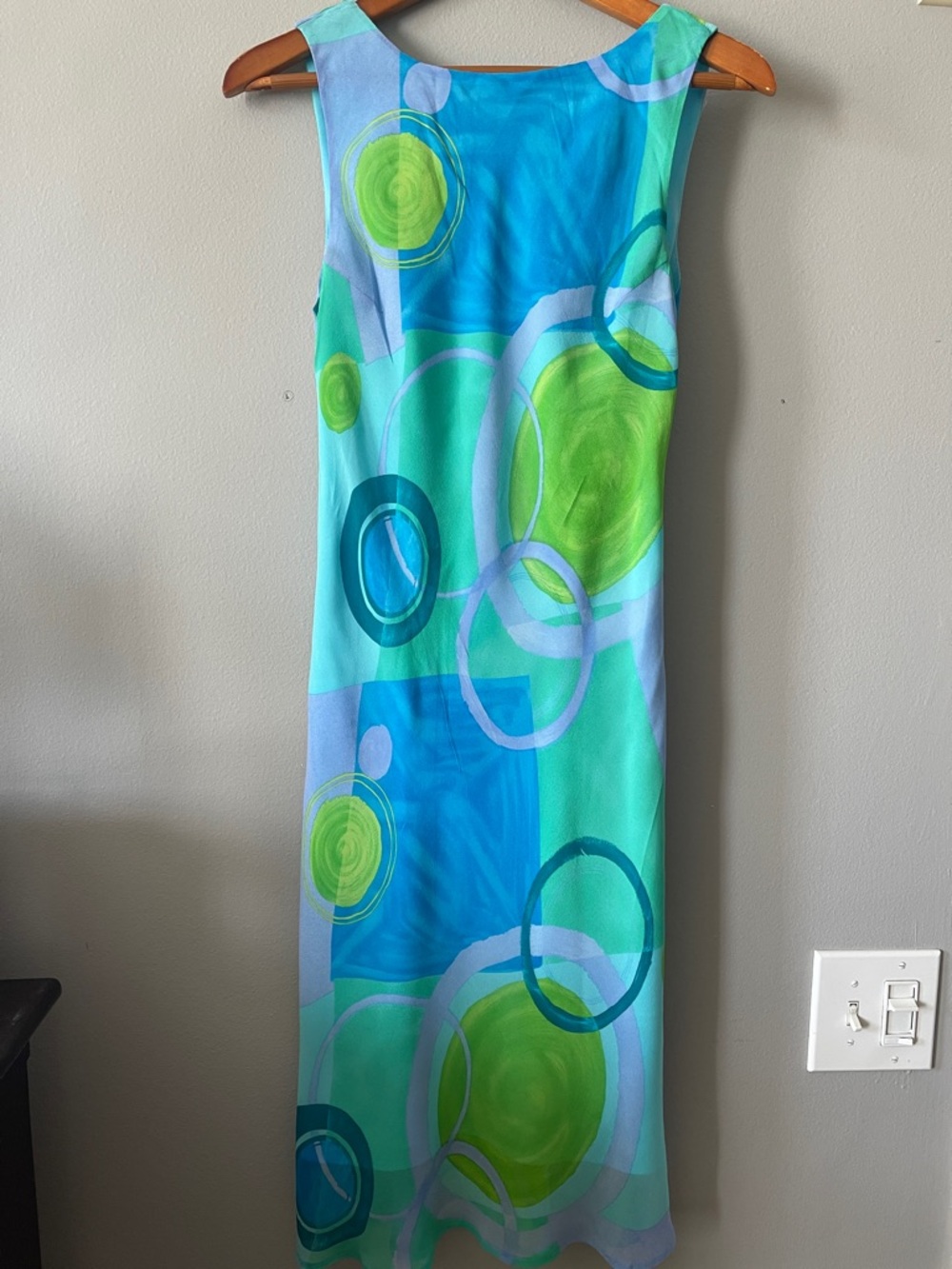 Mannequines 90s y2k Sleeveless Aqua & Lime Geometric Print Chiffon Summer Dress